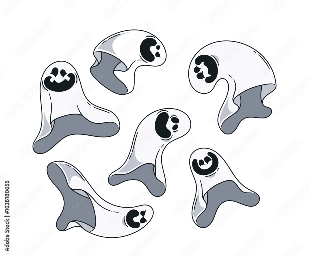 Poster set of playful cartoon ghosts in various expressive poses on white background feature different faci