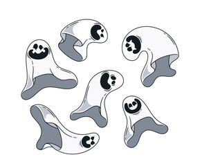 Set Of Playful Cartoon Ghosts In Various Expressive Poses On White Background Feature Different Facial Expressions