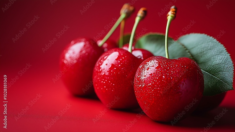 Poster fresh cherries in creative lighting red background : generative ai