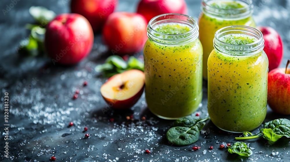 Aufkleber apple and spinach smoothie healthy drink in glass jar on grey stone background : generative ai