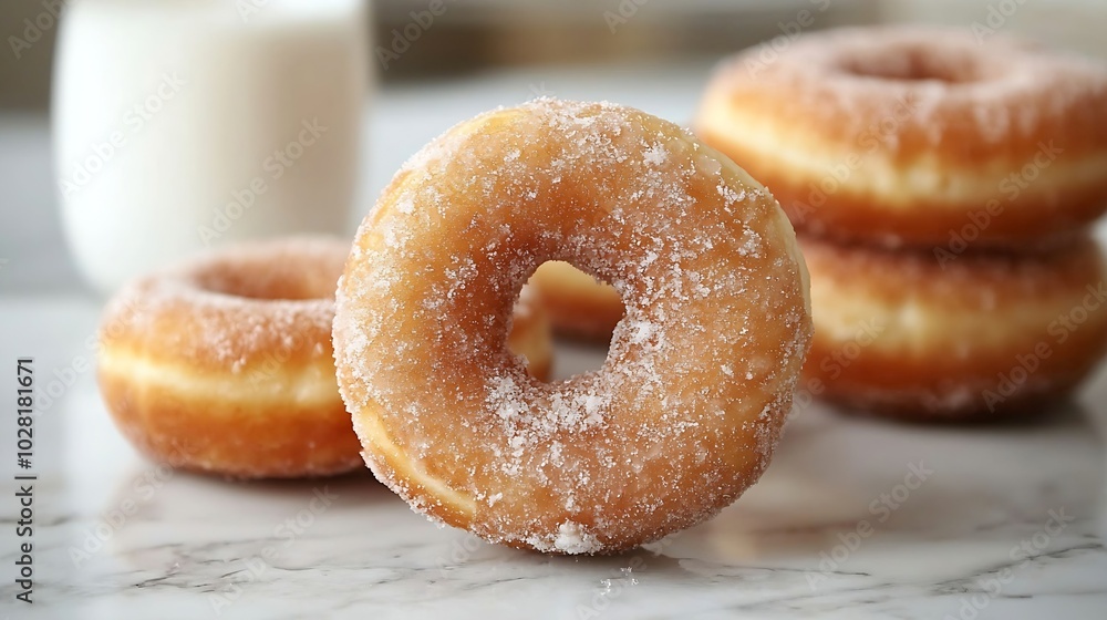 Poster donuts with glass of milk on marble table grey background copy space : generative ai