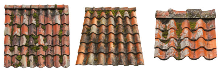 A section of a tiled roof featuring terracotta shingles, slightly weathered with patches of moss growing between the tiles, isolated on a transparent background