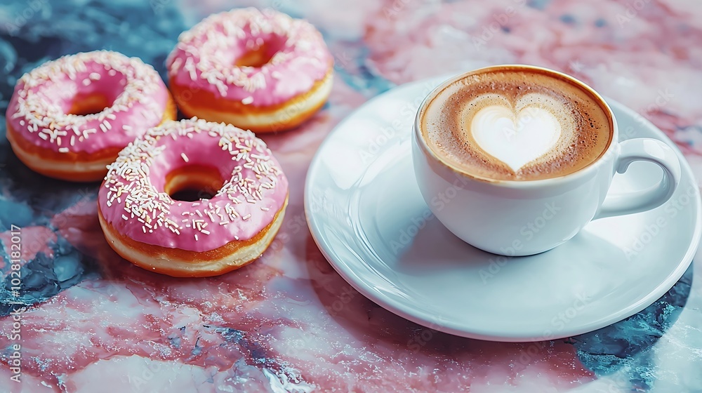 Poster Coffee with donuts in marble table background Copy space : Generative AI