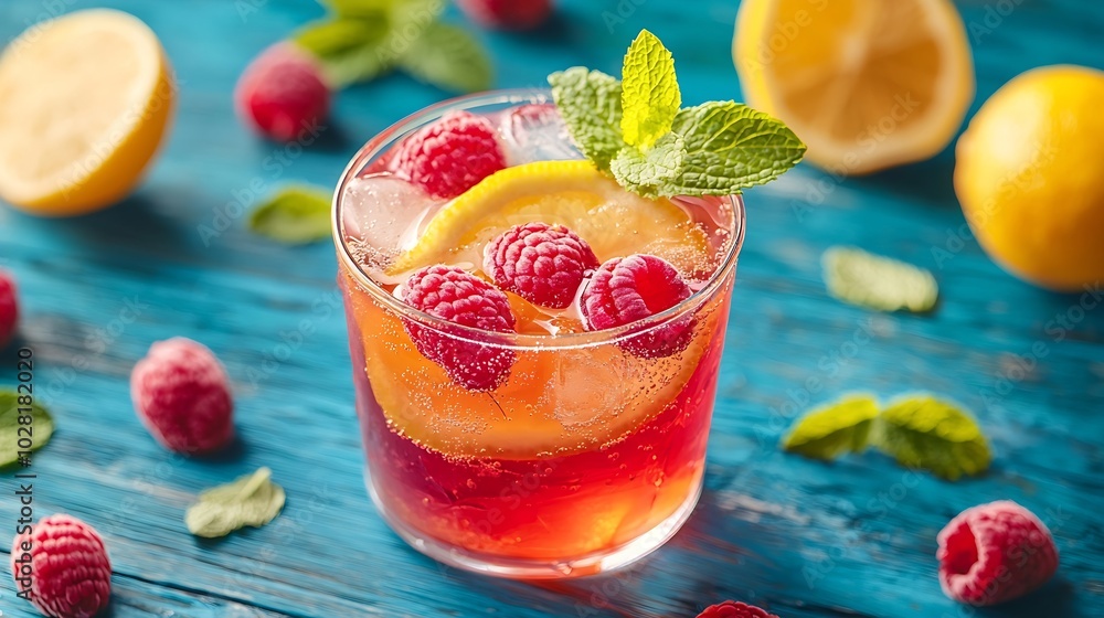 Aufkleber raspberry cocktail fizz lemonade ice tea with fresh mint on blue wooden background copy space top vi
