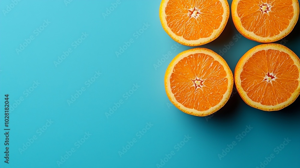 Poster Oranges on blue background Flat lay composition Top view : Generative AI