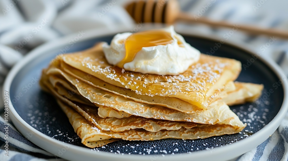 Poster thin crepes or pancakes with butter honey and sour cream on a striped textile navy blue and white ba