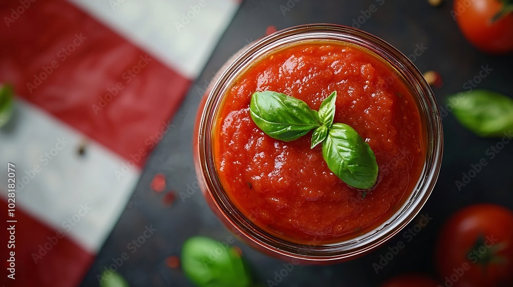 Aufkleber tomato sauce with basil in a glass jar with italian flag grey background top view close up : generat