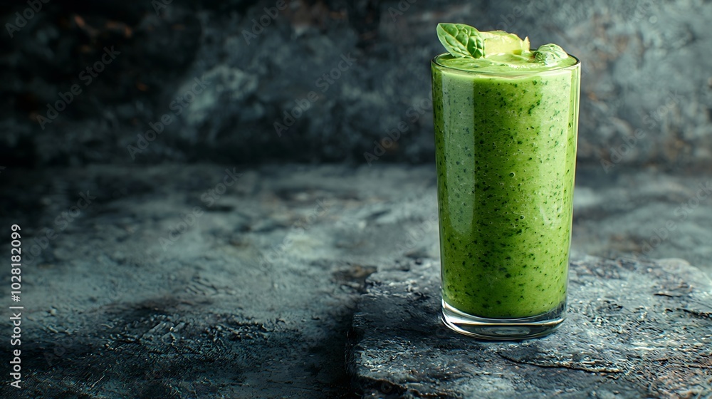Poster spinach smoothie healthy drink in glass jar on grey stone background copy space : generative ai