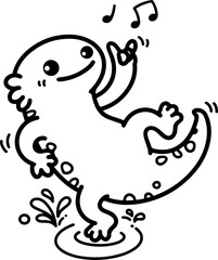 Cute cartoon salamander dancing happily, hand-drawn in line art style. Vector illustration, isolated for easy use in kid's designs, playful projects, and nature-themed creations.