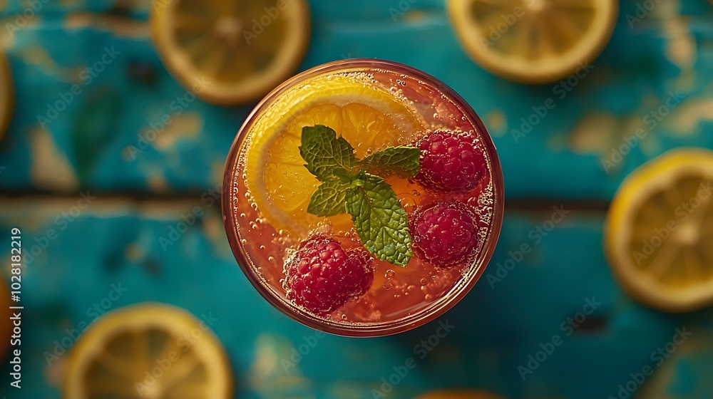 Aufkleber raspberry cocktail fizz lemonade ice tea with fresh mint on blue wooden background close up top view