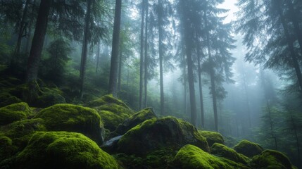 Moss-Covered Rocks in a Misty Forest