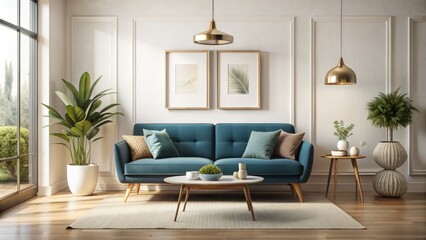 Transform your living room with a chic blue sofa and framed art posters, embracing Mid-Century Modern style for an elegant, timeless interior that impresses.