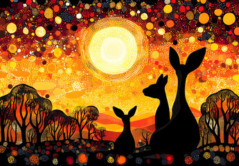 Kangaroo Family Silhouette against Sunset.