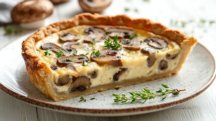 Mushroom champignon pie quiche slice on a ceramic plate on a white wooden background : Generative AI