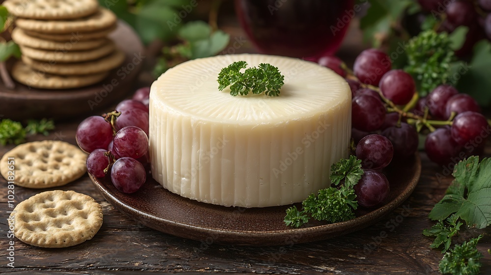 Poster caciocavallo cheese with grapes crackers and red wine dark background top view : generative ai