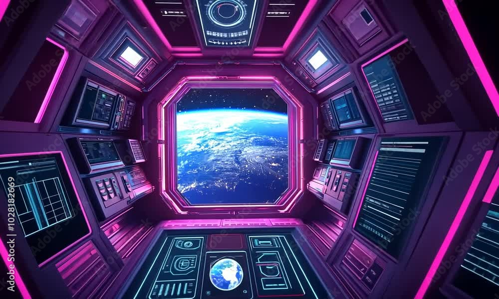 Poster a futuristic spacecraft interior with screens and a view of earth from space.