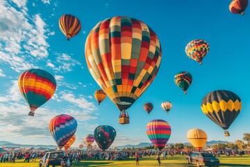Fototapeta premium A vibrant array of hot air balloons ascend against a backdrop of a clear blue sky, with a crowd of onlookers gathered in the field below.