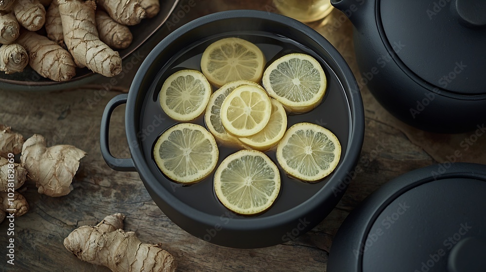 Aufkleber ginger lemon honey tea in black cups tea pot with fresh slices roots dark background top view : gene
