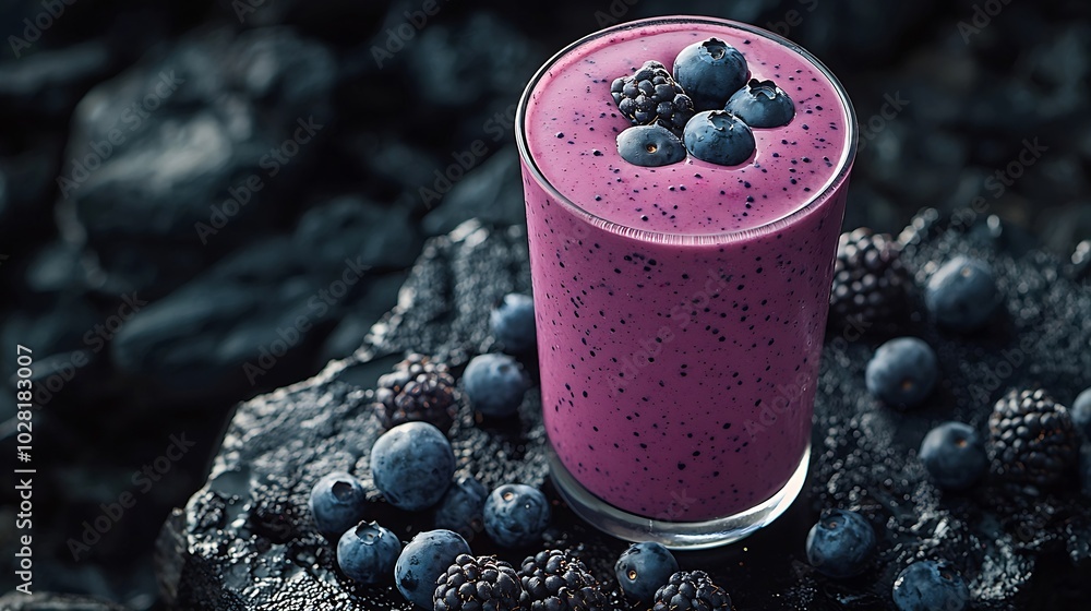 Aufkleber berry smoothie with fresh blueberries on a black stone background copy space top view : generative a