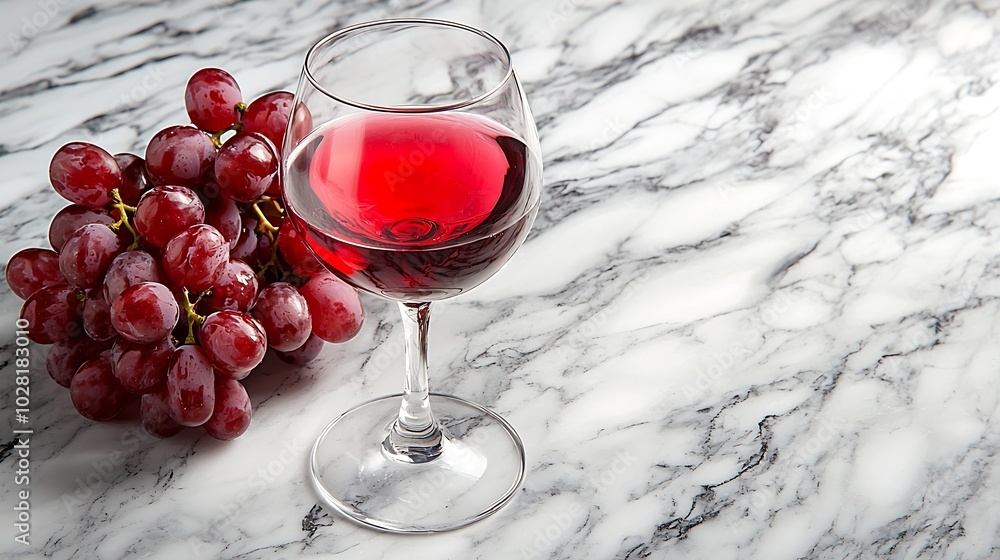 Poster Red wine in glass with fresh grape on marble table background Top view Copy space : Generative AI