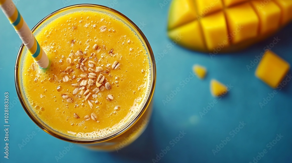 Poster fresh mango juice smoothie on blue background copy space top view : generative ai