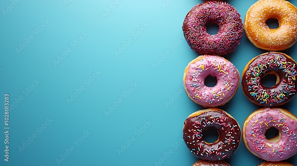 Poster assortment of donuts on blue background copy space top view : generative ai