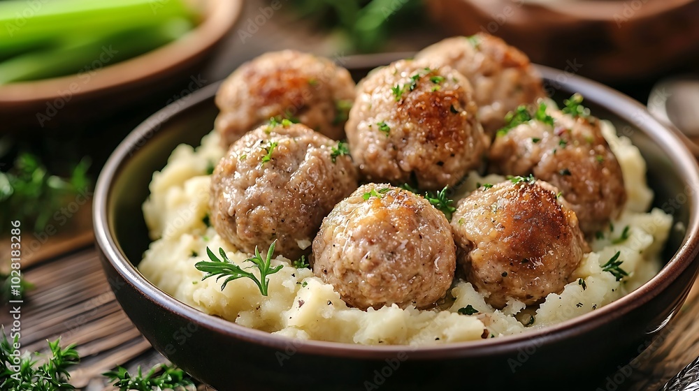 Poster Meatballs duck meat with apple sauce and mashed celery potato on a wooden background Copy space text place : Generative AI
