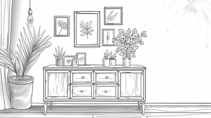 A modern sideboard with decoration, and pics in a wall, complete space, Generative AI illustrations.