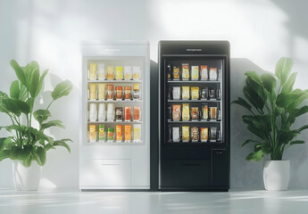 White and Black Vending Machines with Snacks and Drinks.