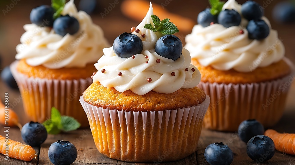Poster Carrot cupcakes decorated with cream cheese frosting and fresh blueberries on a wooden background : Generative AI