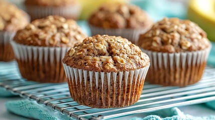 Healthy vegan oat muffins apple and banana cakes on a cooling rack Turquoise textile background : Generative AI