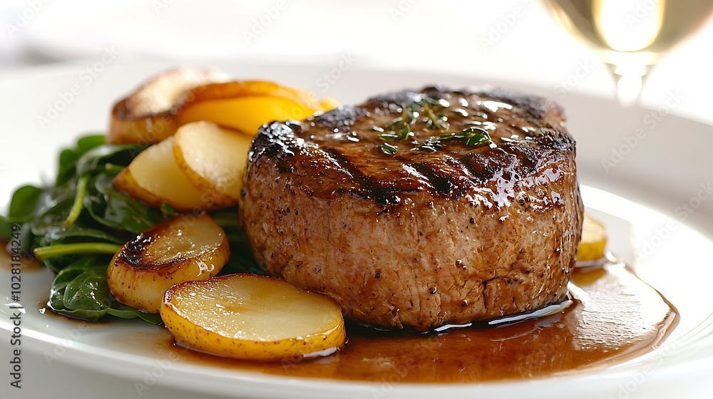 Poster pork tenderloin roasted with pear and onion on a white plate with glass of white wine and fresh spin