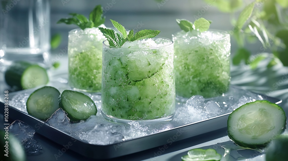 Poster mintl lime and fresh cucumber granita in glasses with fresh mint leaves and cucumber slices on a met