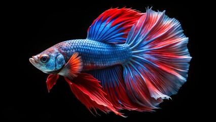 Fototapeta premium Vibrant betta fish in striking red and blue hues contrasts beautifully against a black background, creating stunning aquarium art that captivates and delights the eye.