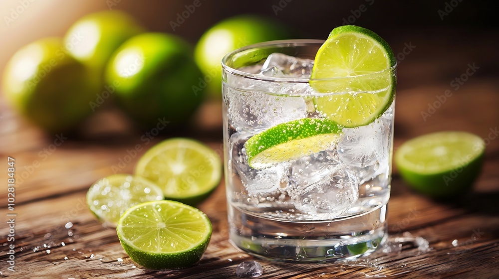 Poster gin tonic in glass with ice and lime slice on a wooden background selective focus : generative ai