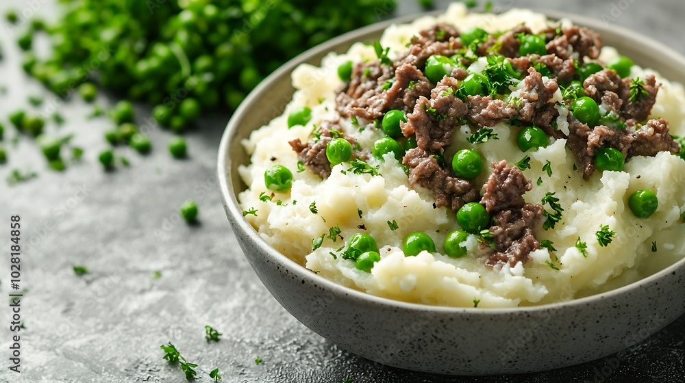 Poster mashed potatoes with beef meat and green peas in bowl grey background close up : generative ai