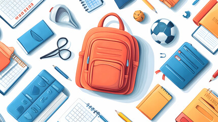 School Backpack and Supplies Flat Lay.