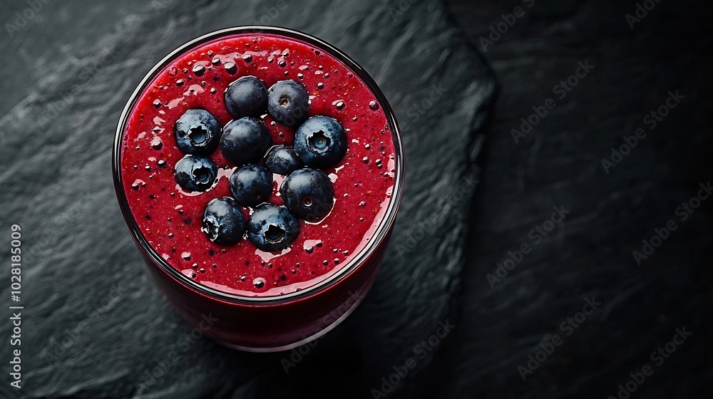 Poster berry smoothie with fresh blueberries on a black stone background copy space : generative ai