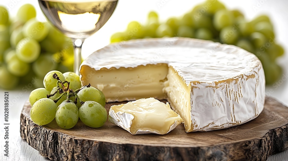 Poster brie camembert cheese with fresh grape on a wooden board with wine glass on a white background : gen