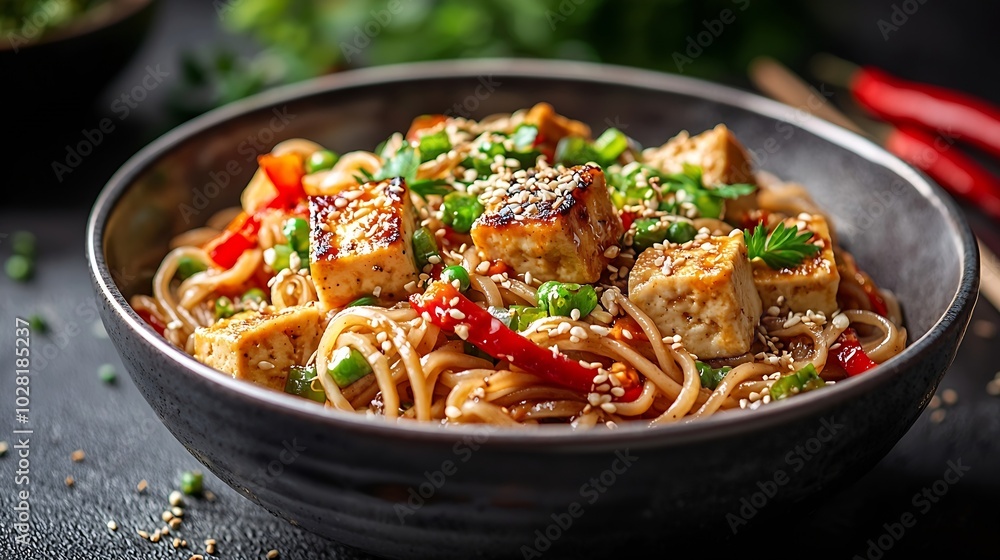 Poster soba noodles with vegetables and fried tofu in a bowl close up grey background : generative ai