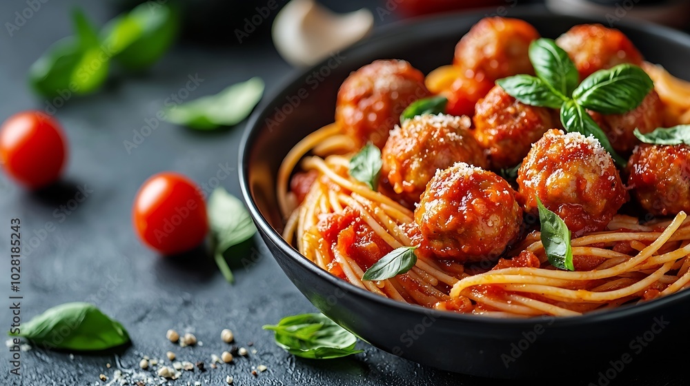 Aufkleber meatballs in tomato sauce and fresh basil with spaghetti on a white background : generative ai