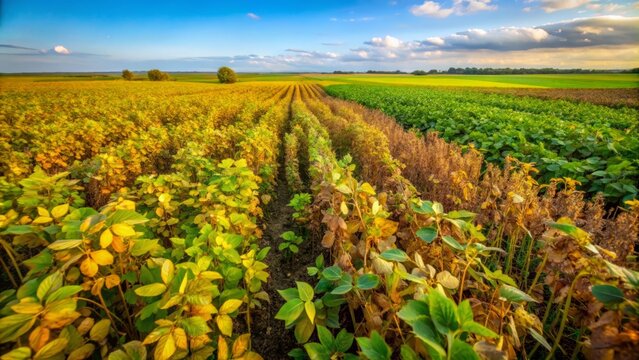 Tilt-Shift Photography of Waterhemp and Weeds Wilting in Soybean Field After Herbicide Application, Capturing Agricultural Challenges and Crop Management