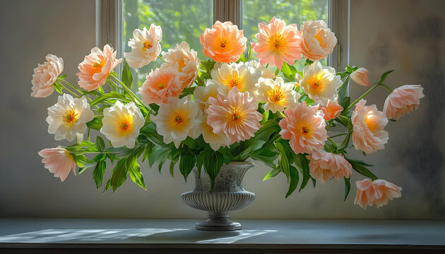 Bouquet of Peach and Cream Peonies in an Ornate Vase.