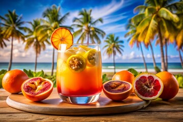Tropical Hawaiian Pog Punch Refreshment with Citrus Fruits and Colorful Garnishes in a Beach Setting