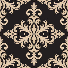 Elegant damask pattern in beige and black, seamless baroque design, vintage floral ornament for wallpaper, textiles, fabric, packaging, luxury decor, and backgrounds