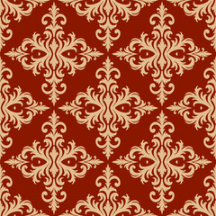 Luxury damask pattern in red and beige, seamless baroque style for wallpaper, textiles, and decor, elegant ornamental design with vintage floral and scroll motifs
