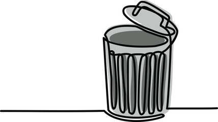 Trash can line art vector graphic illustration. Hand drawn of Rubbish bin or garbage container with Continuous single line drawing.