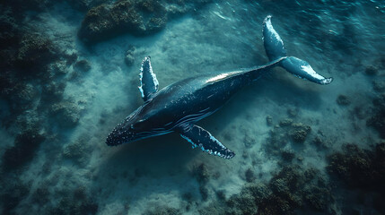 Fototapeta premium Humpback Whale Swimming in Clear Ocean Waters.