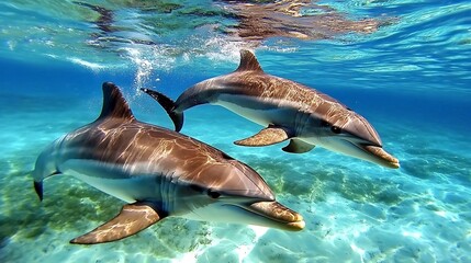 Obraz premium Two Dolphins Swimming Underwater in the Ocean