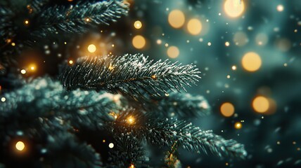 Fototapeta premium Christmas tree in snow at night,Christmas winter background,Realistic 3d design Xmas card decoration,gift box,fir branches, pine cones,Merry Christmas,Happy new year banner,Vector illustration.